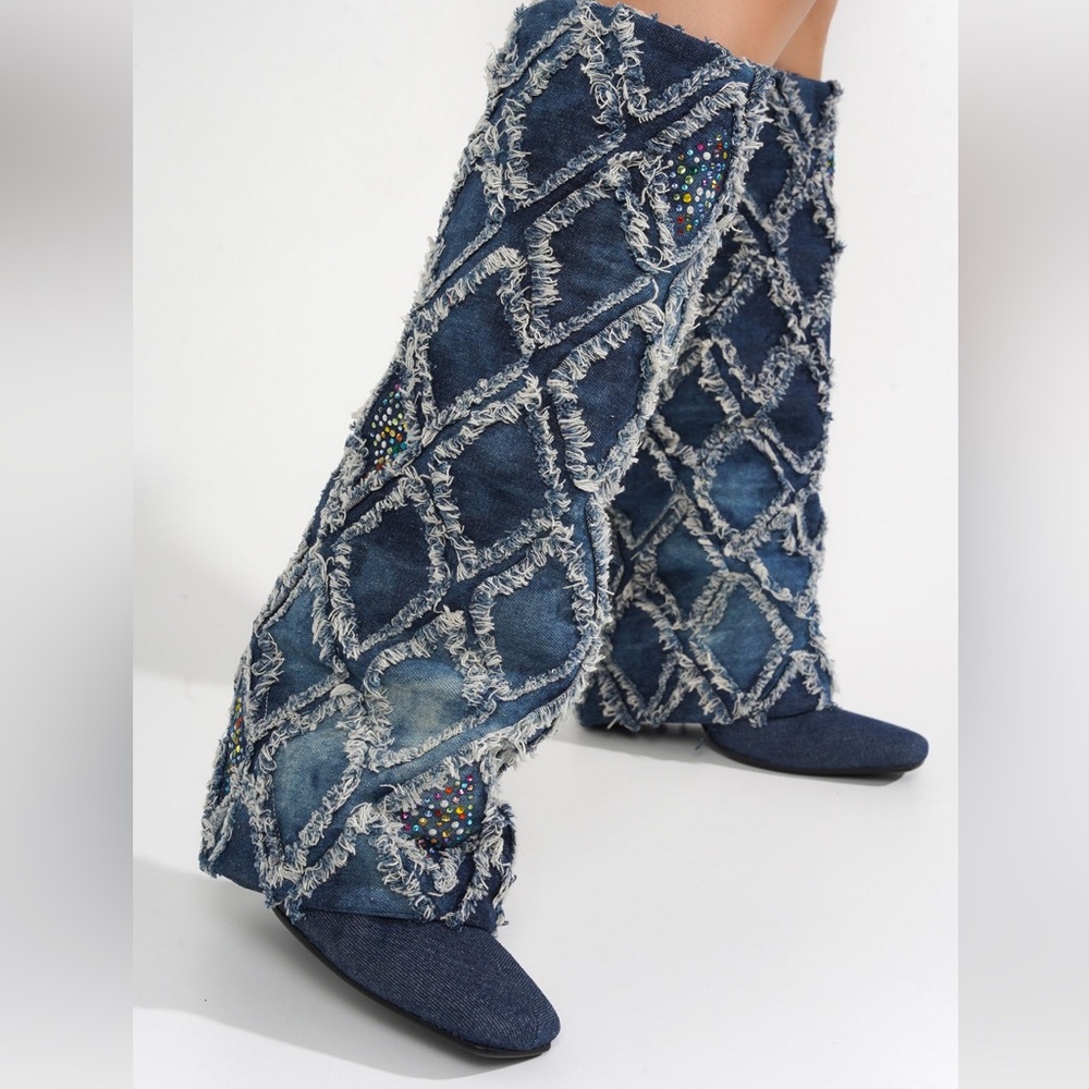 •CAPE ROBBIN• “Bobome” Blue Studded Denim Stiletto Pointed Boots // NIB - Picture 4 of 13